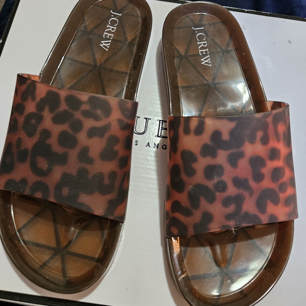 J. Crew Animal Print Pool Slides in Brown